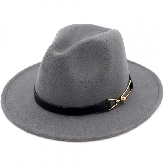 Fedoras Women Men Wool Felt Fedora Hats with Belt Buckle Wide Flat Brim Jazz Party Formal hat Panama Cap - Coffee - C618OYUHG79