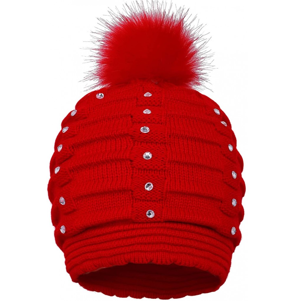 Skullies & Beanies Womens Faux Fur Pompom Knit Winter Beanie Hat w/Sequins - Red - CG188NWCX2Q