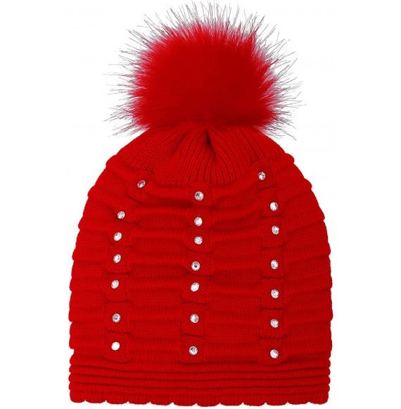 Skullies & Beanies Womens Faux Fur Pompom Knit Winter Beanie Hat w/Sequins - Red - CG188NWCX2Q