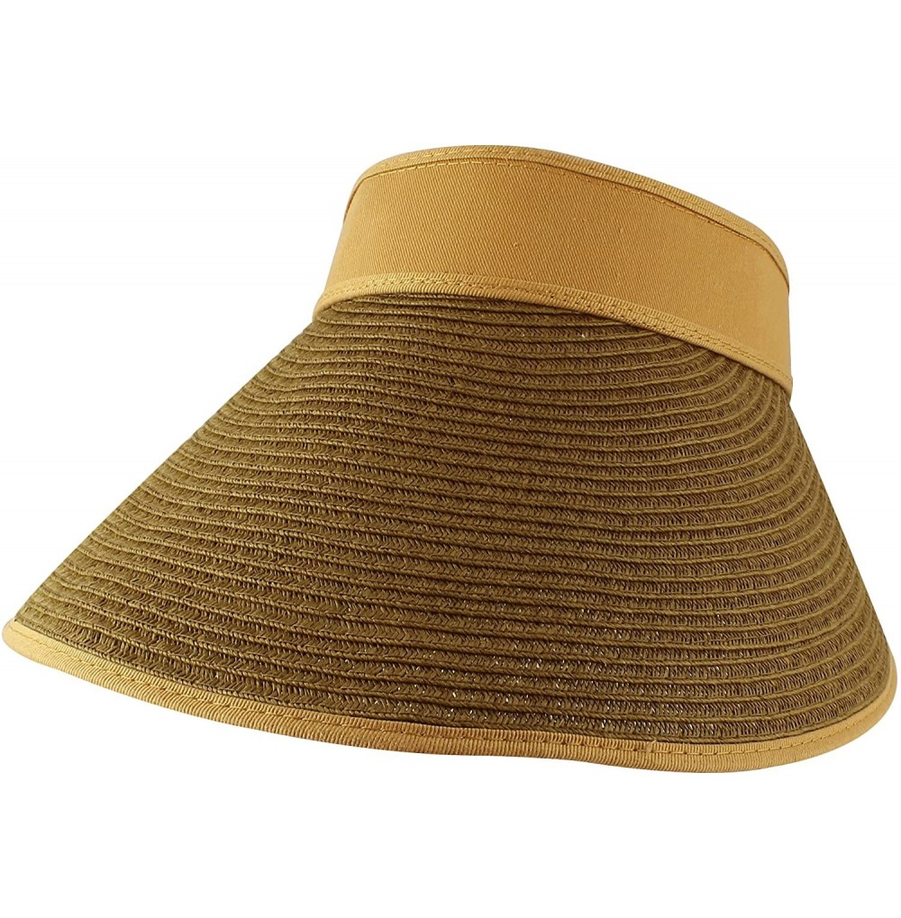 Visors Women's Roll up Wide Brim Sun Visor Hat with Ribbon Trim - Camel - CQ11MF6OZAT