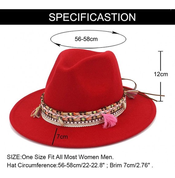 Fedoras Women's Felt Fedora Hat Wide Brim Panama Hats with Tassel - Red - CY18TUS492T