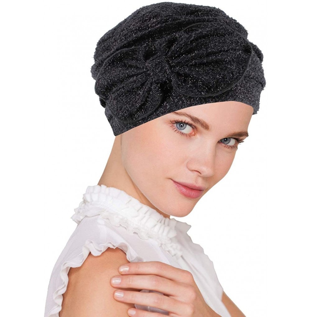 Skullies & Beanies Chemo Winter Hat Soft Ribbed Flower Bow Cloche Beanie Cancer Cap Turban - 02- Onyx Black - C012N14PUMX