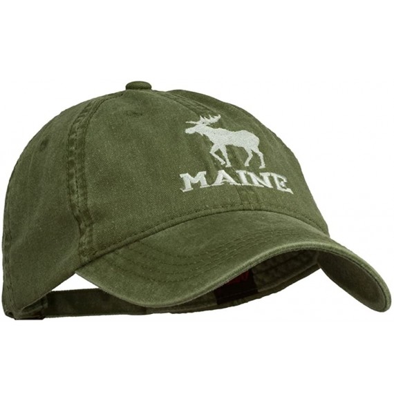 Baseball Caps Maine State Moose Embroidered Washed Dyed Cap - Olive Green - CU11P5HWO9F