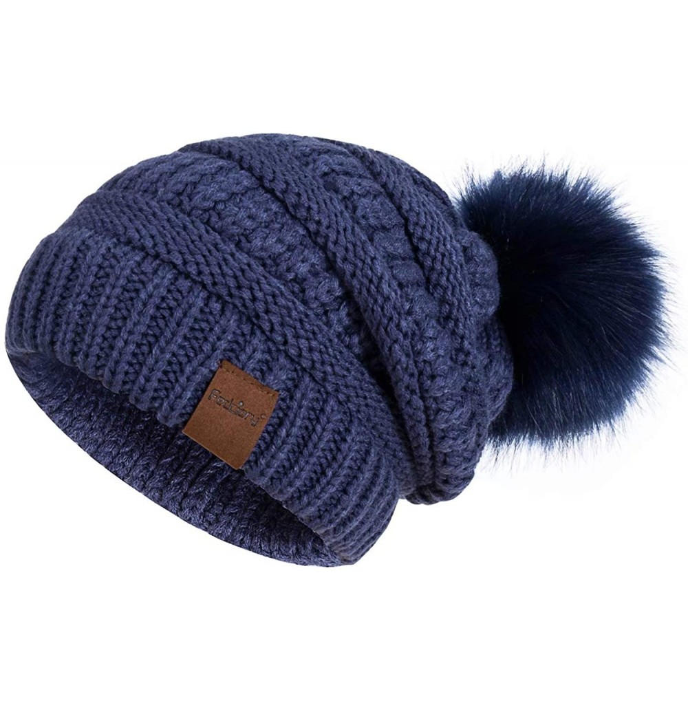 Skullies & Beanies Womens Winter Slouchy Beanie Hat- Knit Warm Fleece Lined Thick Thermal Soft Ski Cap with Pom Pom - Denim -...