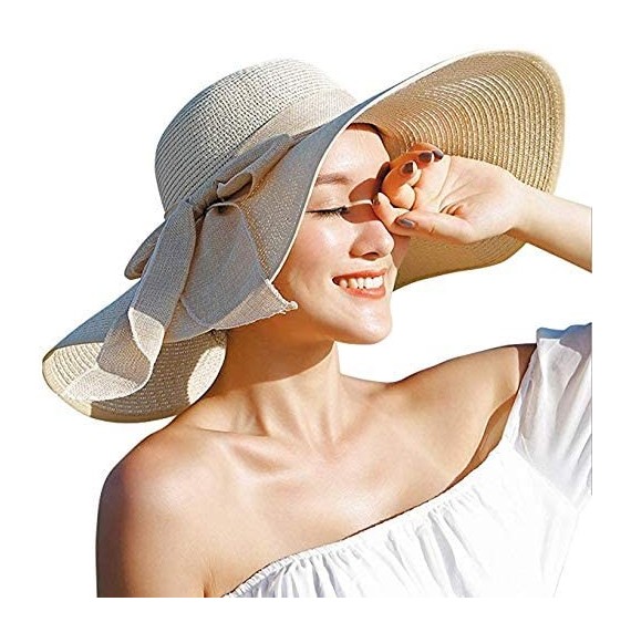 Sun Hats Women' s Summer Pure Sunshade Straw Cap Floppy Big Bow Knot Beach Sun Hat 002 - Beige - CY18SUHMX9K