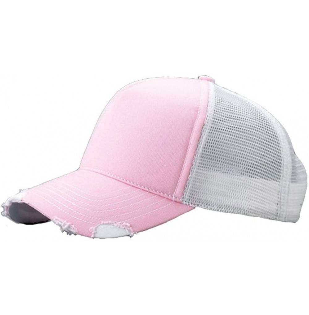 Baseball Caps Cotton Twill Distressed Mesh Trucker Hat - Pink / White - CV11BXJOKRN