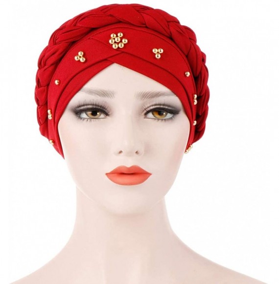 Skullies & Beanies Womens Braided Head Wraps Muslim Hair Scarves Turban Headwear Chemo Hats - Red - CI18W0RT9QT