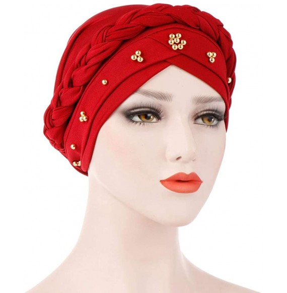 Skullies & Beanies Womens Braided Head Wraps Muslim Hair Scarves Turban Headwear Chemo Hats - Red - CI18W0RT9QT
