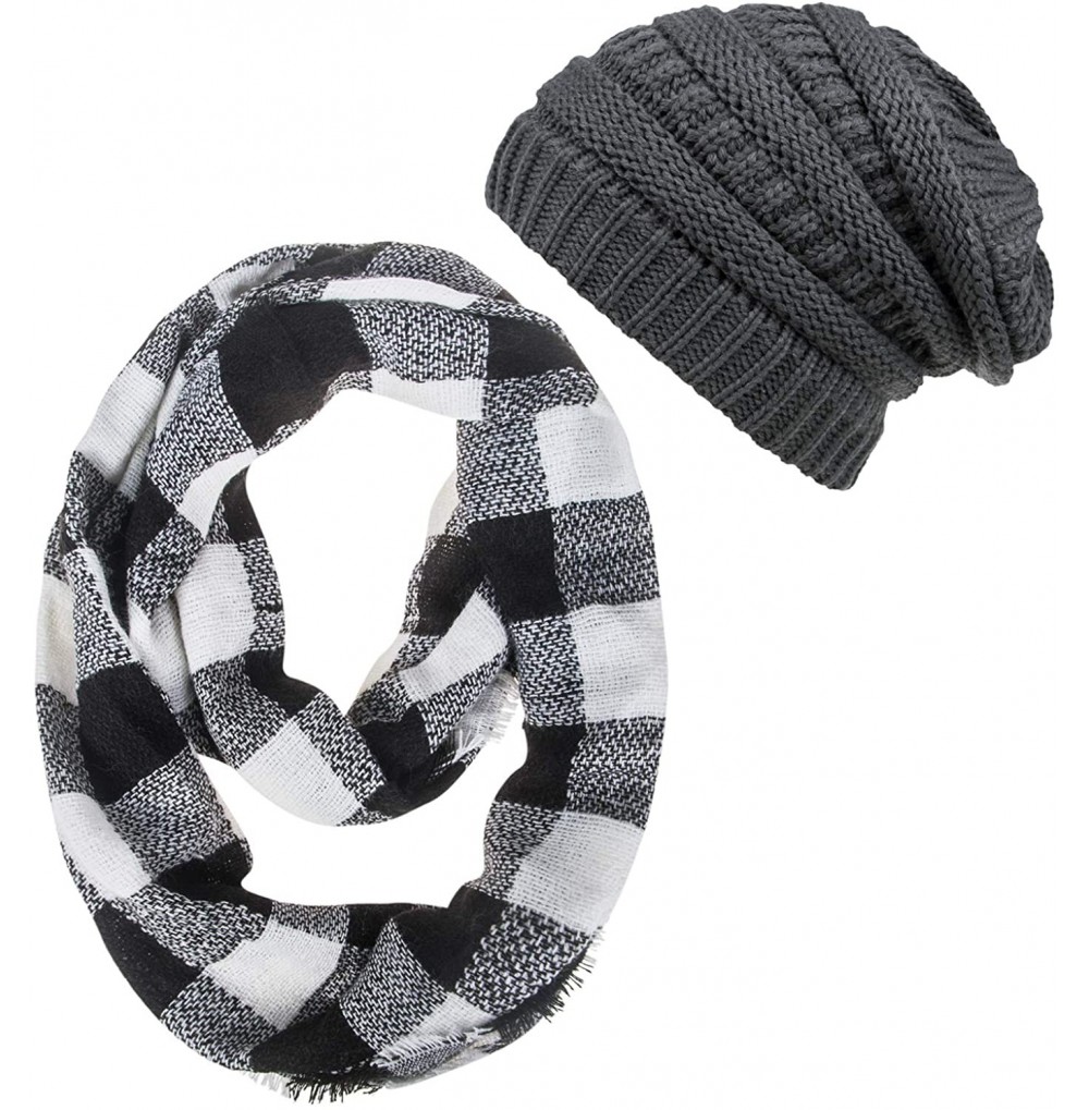 Skullies & Beanies Womens Winter Hats Infinity Scarf Set Warm Knit Fleece Slouchy Beanie Hat Gifts - C-dark Gray Hat+green Sc...