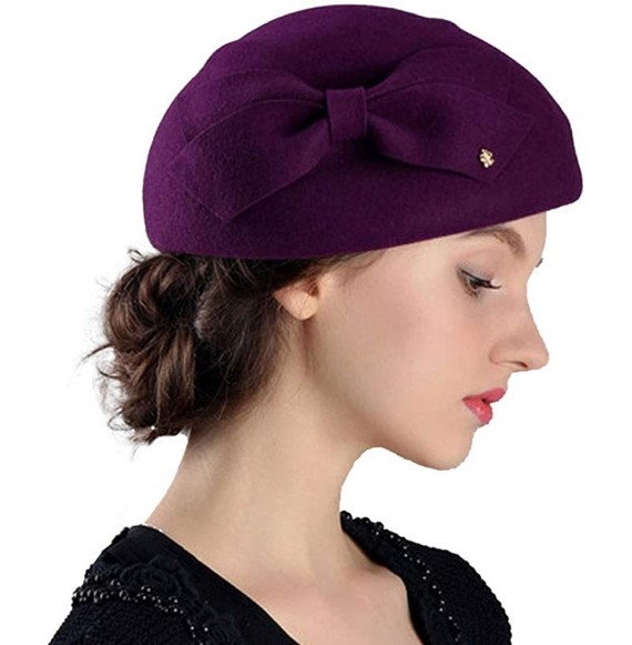 Berets Womens Wool Felt French Berets Bowler Hat Artist Boina Bowknot Cap - Purple - CD18H6CTNRA