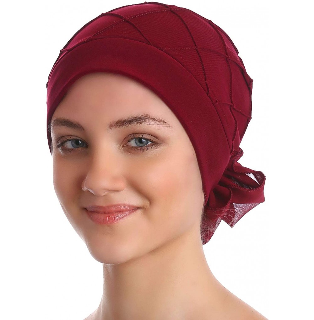 Sun Hats Diamond Patterned Practical Hat with Georgette Flower for Chemo - Burgundy - CQ11HRBS027