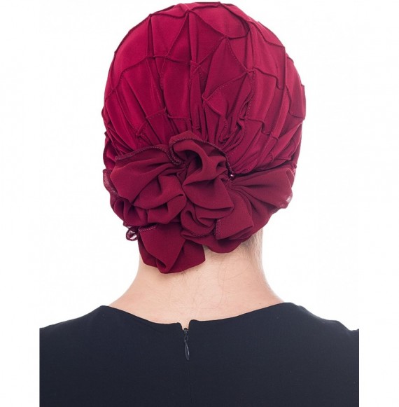 Sun Hats Diamond Patterned Practical Hat with Georgette Flower for Chemo - Burgundy - CQ11HRBS027
