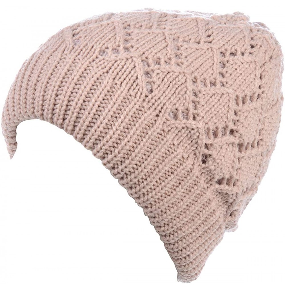 Skullies & Beanies Winter Womens Fashion Bun Ponytail Fleece Lined Slouchy Knit Beanie Hat - Diamond Knit Cream - CX18LY7HEHM