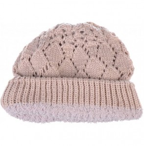 Skullies & Beanies Winter Womens Fashion Bun Ponytail Fleece Lined Slouchy Knit Beanie Hat - Diamond Knit Cream - CX18LY7HEHM