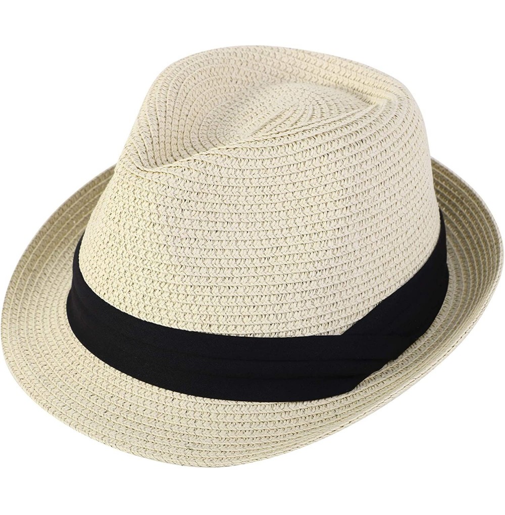 Fedoras Women/Men's Summer Short Brim Straw Fedora Sun Hat - Natural With Black Band - CV18ATHL63K