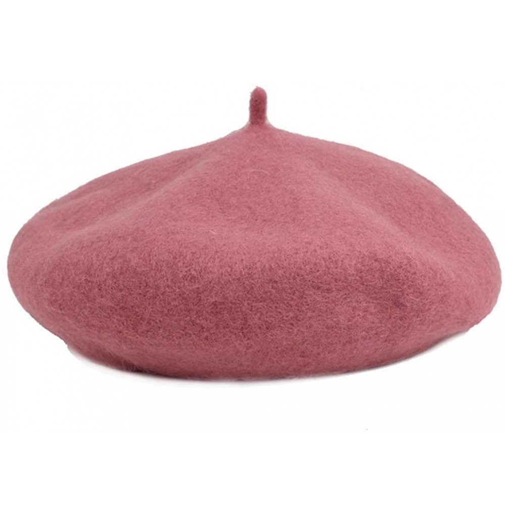 Berets Women Wool Beret Hat French Artist Solid Color Beanie Cap - Dark Pink - CQ18IGE4H6L