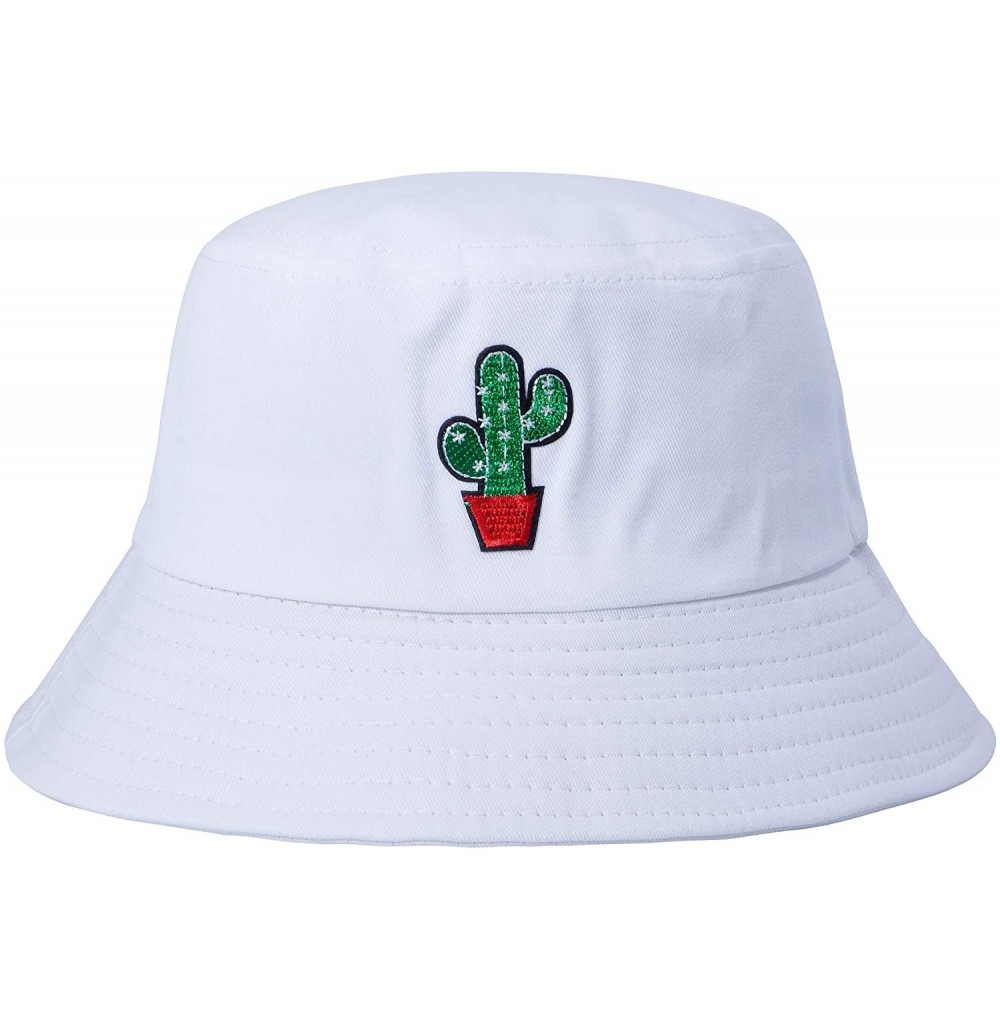 Bucket Hats Unisex Fashion Embroidered Bucket Hat Summer Fisherman Cap for Men Women - Cactus White - CK18WE0DS73