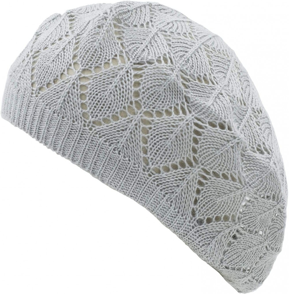 Berets Womens Lightweight Cut Out Knit Beanie Beret Cap Crochet Hat - Many Styles - Light Gray Diamond Stripe - CV12LCQ86S5
