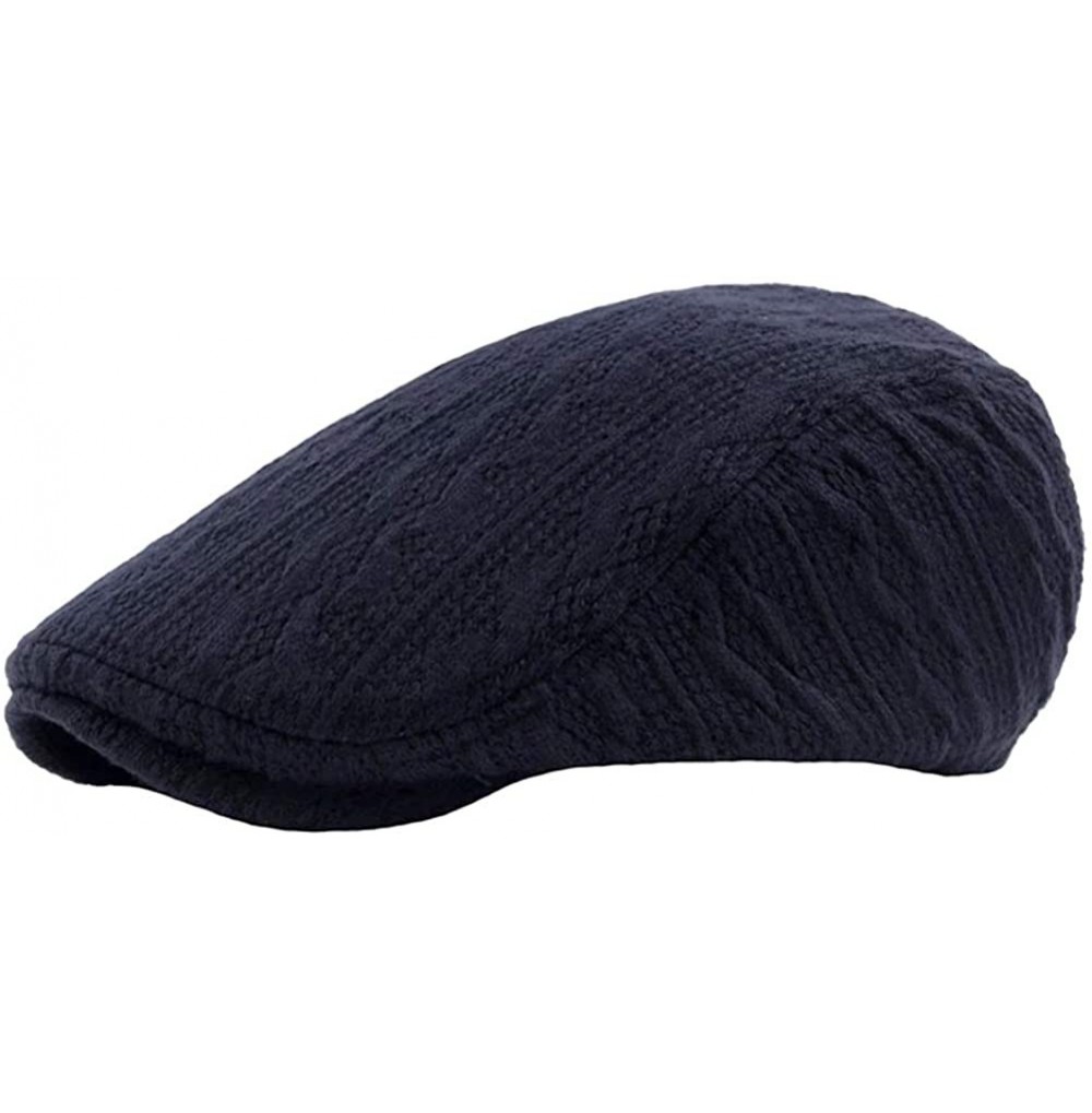 Newsboy Caps Men Women Striped Cabled Flat Cap Knit Warm Winter Hat FFH408BLK - Ffh408 Navy Blue - CB18M9K69CO