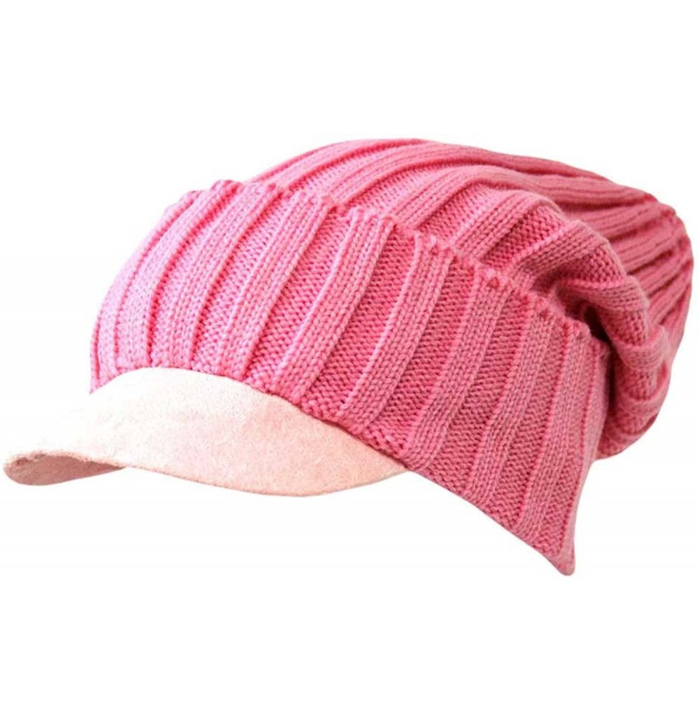 Skullies & Beanies Acrylic Knit Slouch Beanie Cap Hat with Brim - Pink - CK116M90EPB