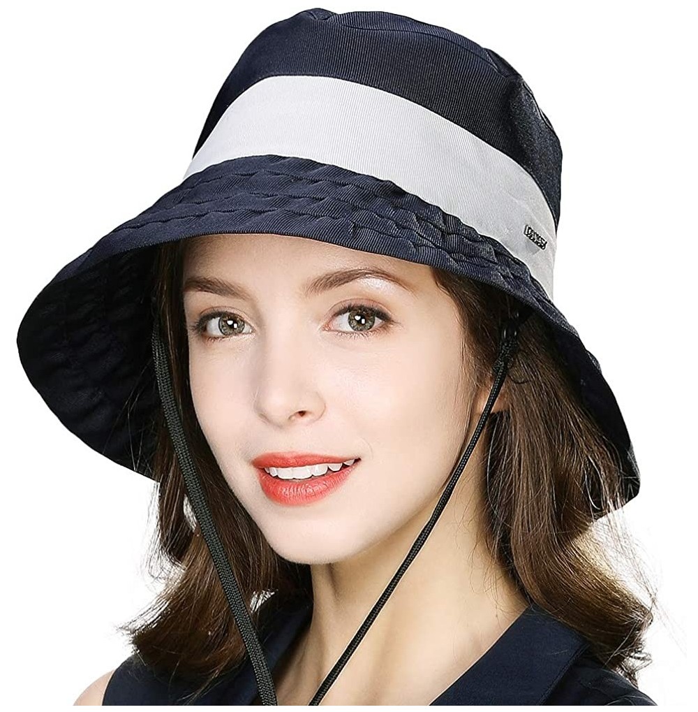 Sun Hats Womens UPF50+ Summer Sunhat Bucket Packable Wide Brim Hats w/Chin Cord - 00046_navy Blue - C018U2ZNN5N