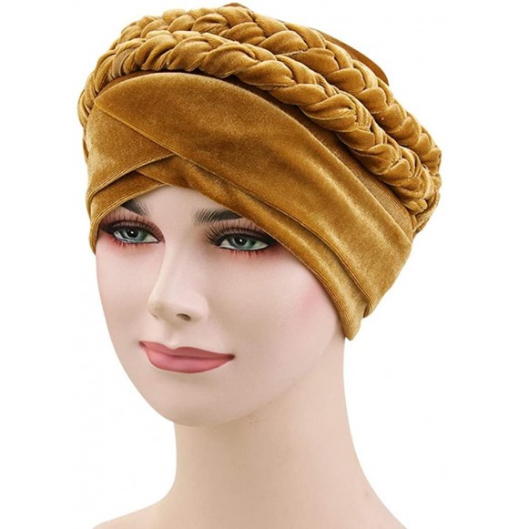 Skullies & Beanies Women Braid Velvet Muslim Stretch Turban Hat Twist Braid Cap Head Scarf Wrap Cap - Yellow - C018T2SGYGC