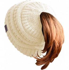 Skullies & Beanies Women Ponytail Beanie Messy Bun Style Hat Stretchy Cable Knit Wool Slouchy Skull Winter - White - CL18L7TAT9C