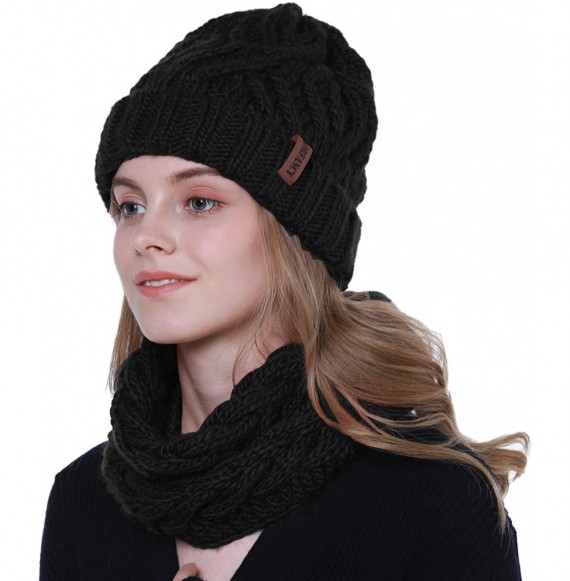 Skullies & Beanies Women Girls Hat Scarf Set Fleece Knit Slouchy Beanie Cap Hat Neck Warmer Ski Winter Accessories - Black - ...
