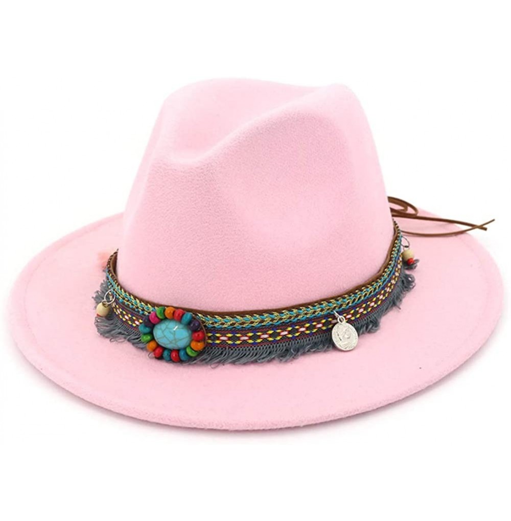 Fedoras Men Women Vintage Felt Fedora Hat Wide Brim Panama Hats with Buckle - Pink - C318SWKMLD9