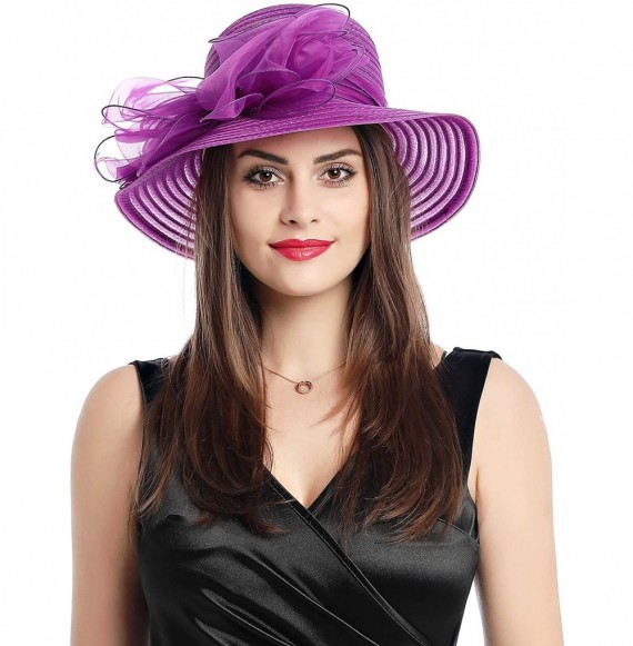 Bucket Hats Lady Derby Dress Church Cloche Hat Bow Bucket Wedding Bowler Hats - Dark Purple - CO18SU5ICIH