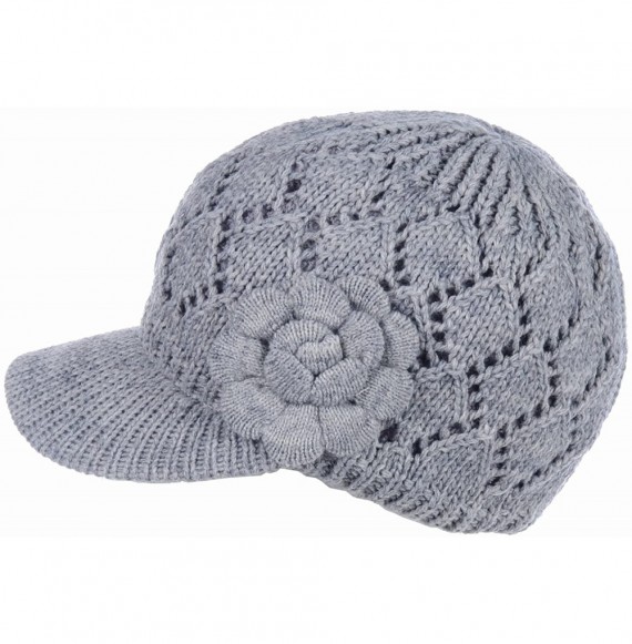 Skullies & Beanies Winter Fashion Knit Cap Hat for Women- Peaked Visor Beanie- Warm Fleece Lined-Many Styles - Grey Rose - C5...