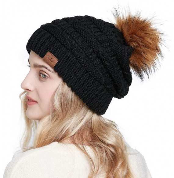 Skullies & Beanies Women Winter Knit Slouchy Beanie Hats with Faux Fur Pom Pom Thick Warm Chunky Baggy hat Ski Cap - C018X6TA040