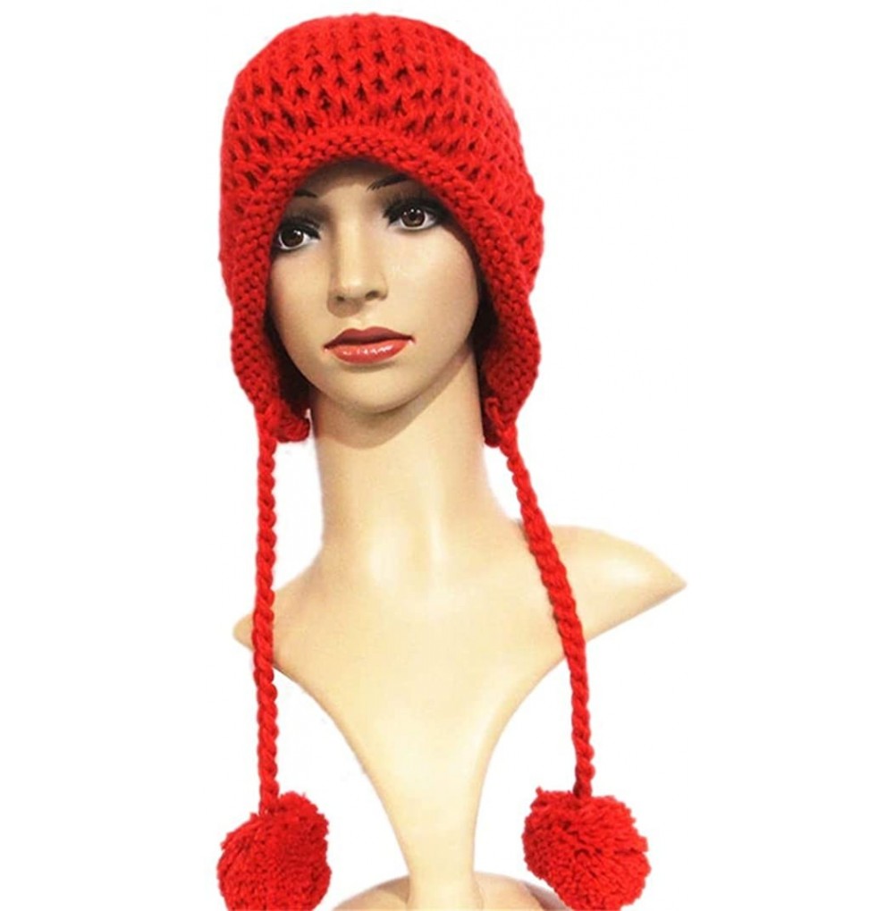 Skullies & Beanies Women Hat Handmade Crochet Braided Pompom Beanie Knit Caps Warm Winter - Red - CZ189WQRT5R