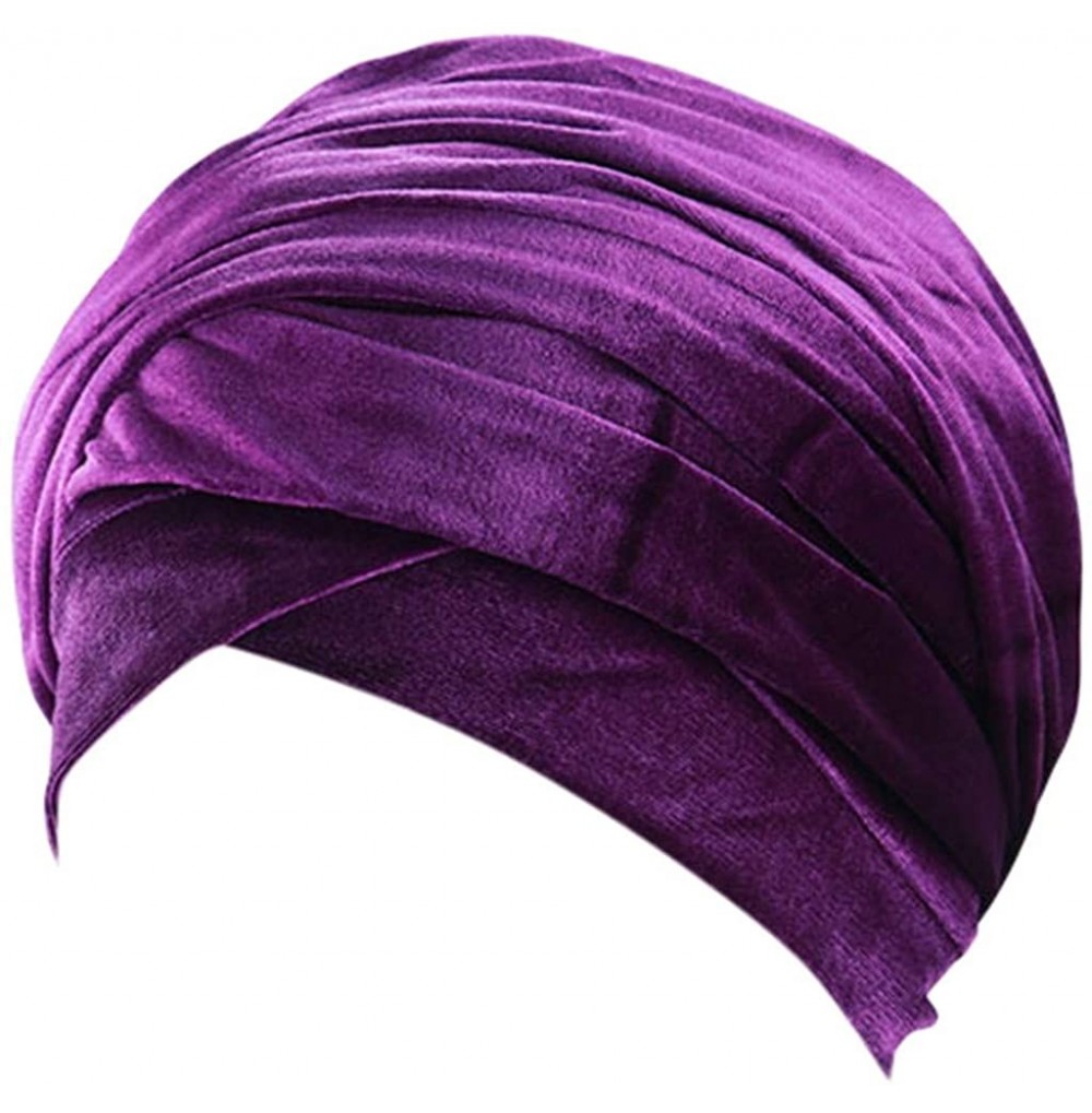 Skullies & Beanies Women Solid Color Velvet Muslim Stretch Turban Hat Chemo Cap Visor Head Scarf Wrap Sleeping Cap - Purple -...