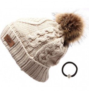 Skullies & Beanies Women's Winter Fleece Lined Cable Knitted Pom Pom Beanie Hat with Hair Tie. - Khaki - CK12N14BD8V
