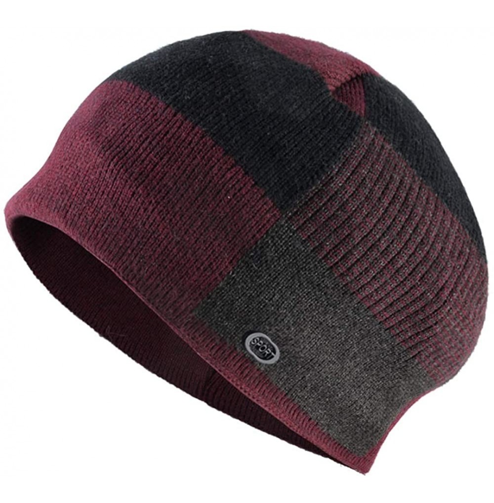 Skullies & Beanies Winter Warm Skullies Beanies Men Thick Knitted Plaid Beanie Hats Male Casual Double Layer Knitting Hat - B...