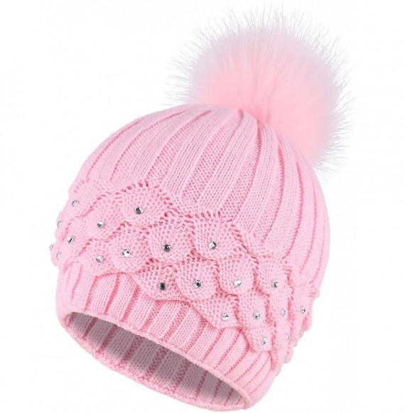 Skullies & Beanies Horizontal Cable Knit Beanie with Sequins and Faux Fur Pompom - Pink1 - CK185LUQZDU
