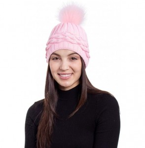 Skullies & Beanies Horizontal Cable Knit Beanie with Sequins and Faux Fur Pompom - Pink1 - CK185LUQZDU