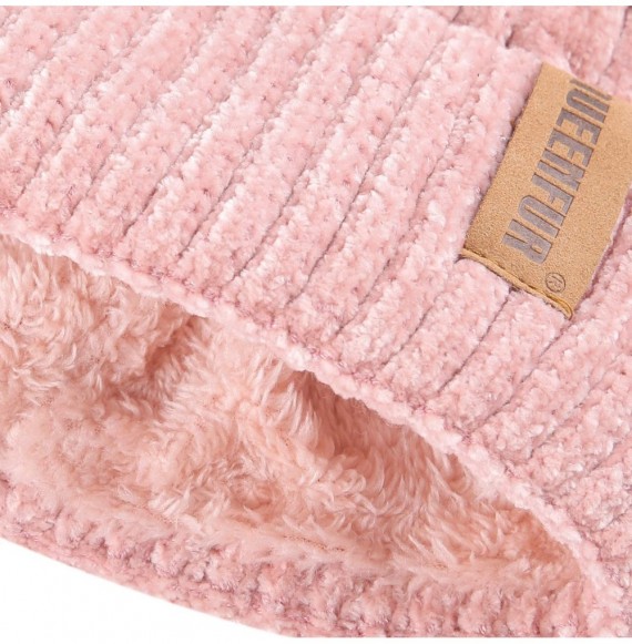 Skullies & Beanies Winter Beanie Hats Knit Thick Fleece Lined Chunky Chenille Snow Cap for Women with Faux Fur Pompom - CA18U...