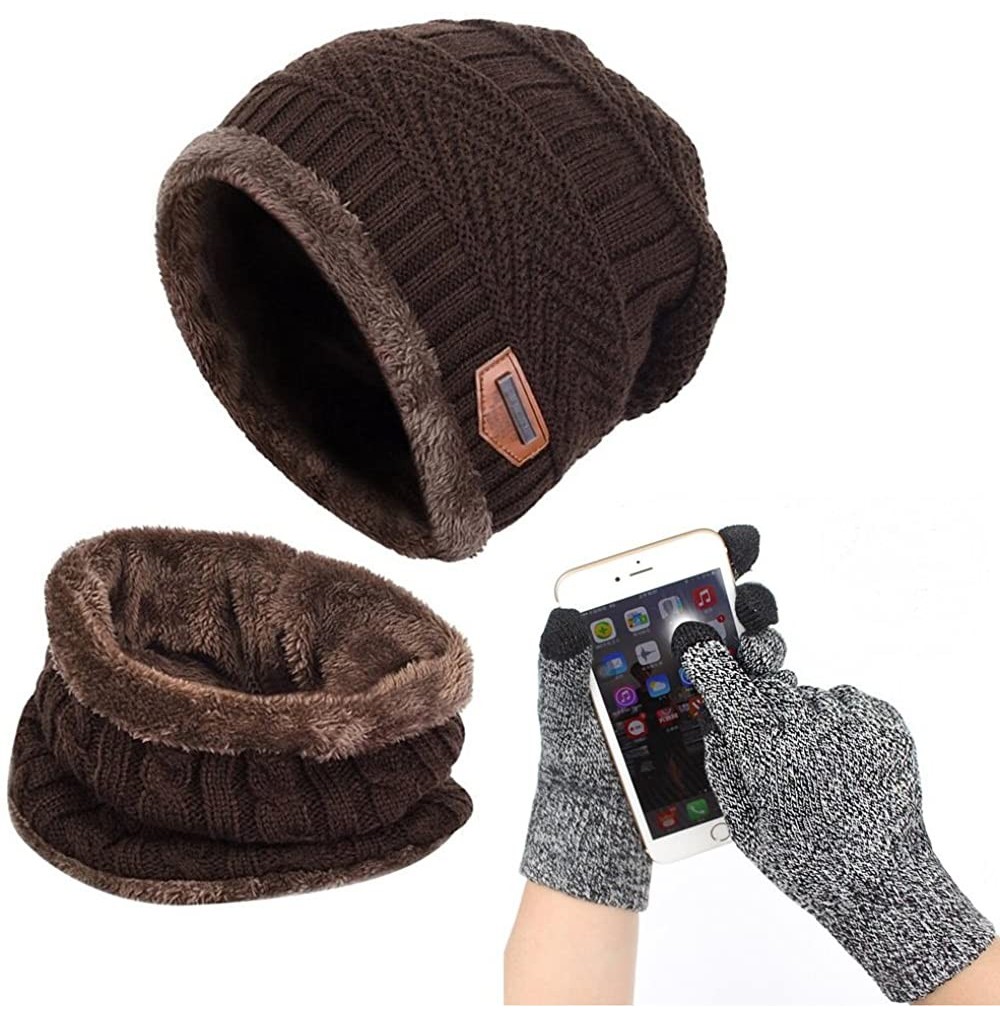 Skullies & Beanies Winter Beanie Hat Scarf Set Warm Knit Hat Thick Knit Skull Cap Touch Screen Glove Unisex - Coffee - CO1889...