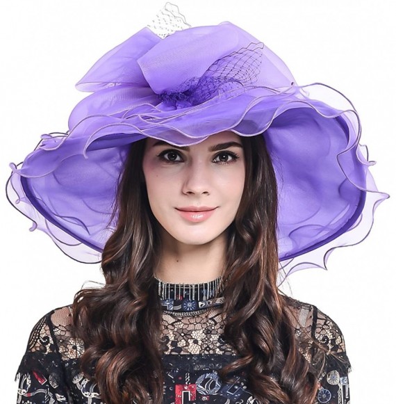 Sun Hats Women Organza Church Dress Kentucky Derby Fascinator Tea Party Wedding Hat - Floral Purple - CV11ZHNXD8X