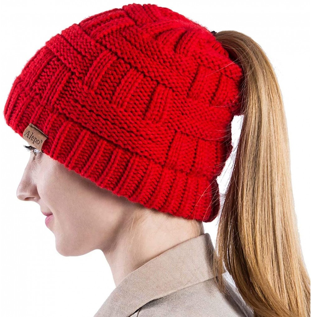 Skullies & Beanies Womens High Messy Bun Beanie Hat with Ponytail Hole- Winter Warm Trendy Knit Ski Skull Cap - Red - CC18X7A...