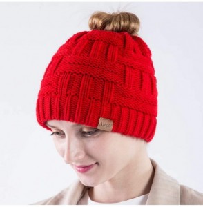 Skullies & Beanies Womens High Messy Bun Beanie Hat with Ponytail Hole- Winter Warm Trendy Knit Ski Skull Cap - Red - CC18X7A...