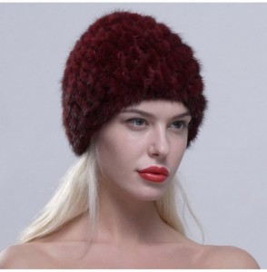 Skullies & Beanies Women's Fur Hat Real Mink Fur Knit Beanie Cap Multicolor - Burgundy - C512NG9IHTL