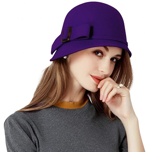 Bucket Hats Women Solid Color 100% Wool Winter Hat Women Cloche Bucket Bowler with Bowknot - Purple - C018KEK534Y