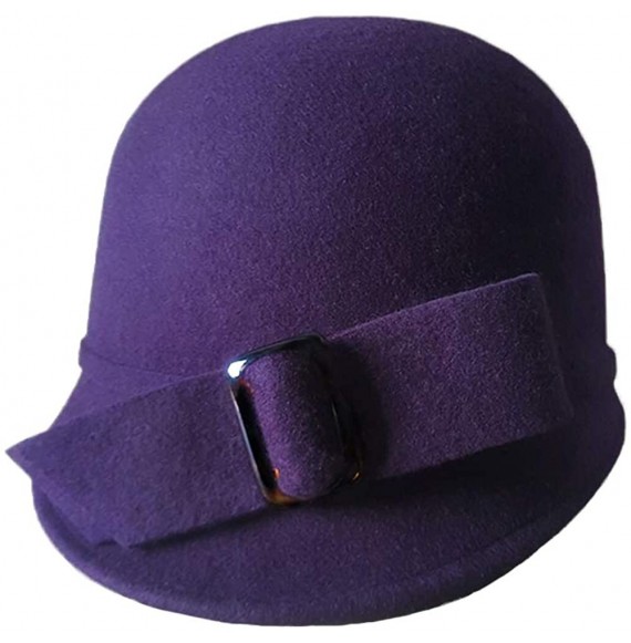 Bucket Hats Women Solid Color 100% Wool Winter Hat Women Cloche Bucket Bowler with Bowknot - Purple - C018KEK534Y