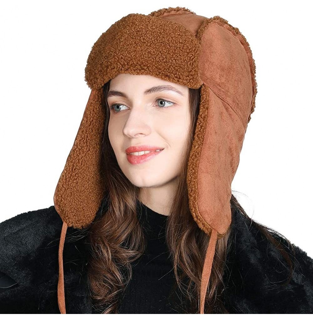 Skullies & Beanies Ladies Earflap Trapper Hat Faux Fur Hunting Hat Fleece Lined Thick Knitted - 00781_caramel - CY193TTWALK