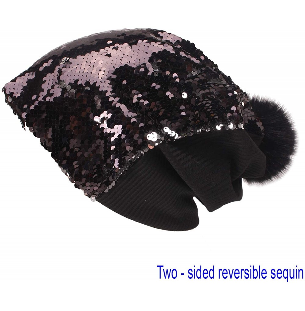 Skullies & Beanies Sparkly Double Sided Sequin Slouchy Beanie for Winter- Cozy and Oversized with Faux Fur Pom Pom - Black - ...