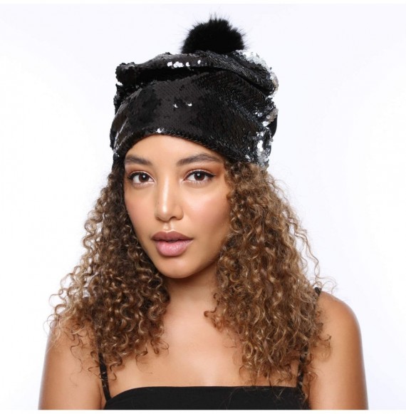 Skullies & Beanies Sparkly Double Sided Sequin Slouchy Beanie for Winter- Cozy and Oversized with Faux Fur Pom Pom - Black - ...