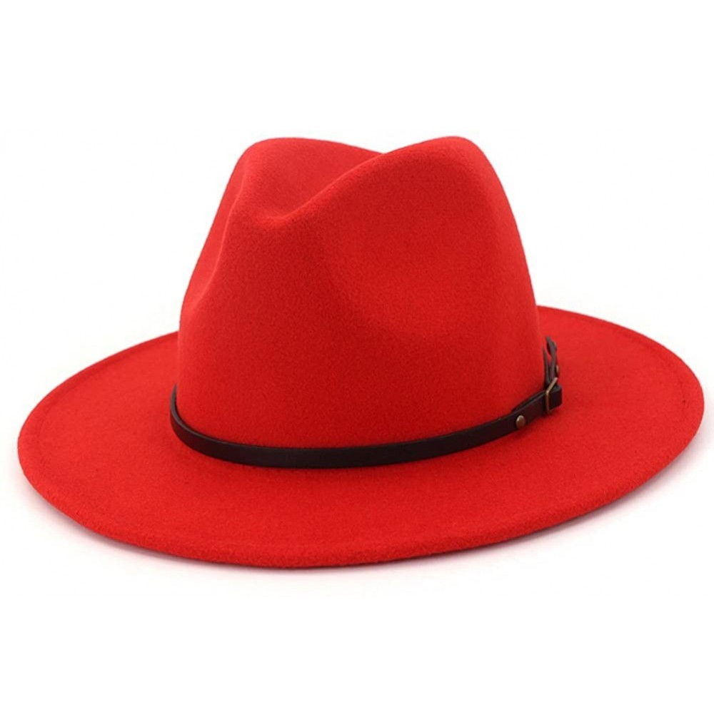 Fedoras Women Wide Brim Wool Fedora Panama Hat with Belt Buckle - A-red - CN18GM4ME4N